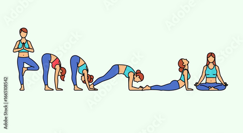 Women Performing Yoga Poses Sequence Fitness and Wellness.