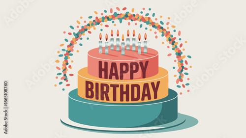A three tiered cake with happy birthday written on it and candles with confetti around the cake art