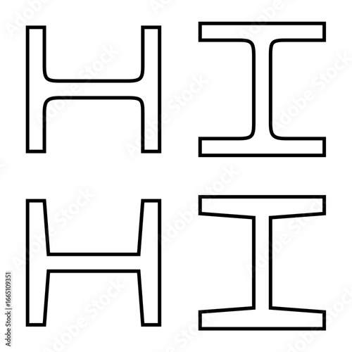 Cross-section H-beam or I-beam line icon set. Steel bar profile beam icon. 2d steel rod bar straight. Single image stroke solid fill outline contour line thin flat style.Vector illustration