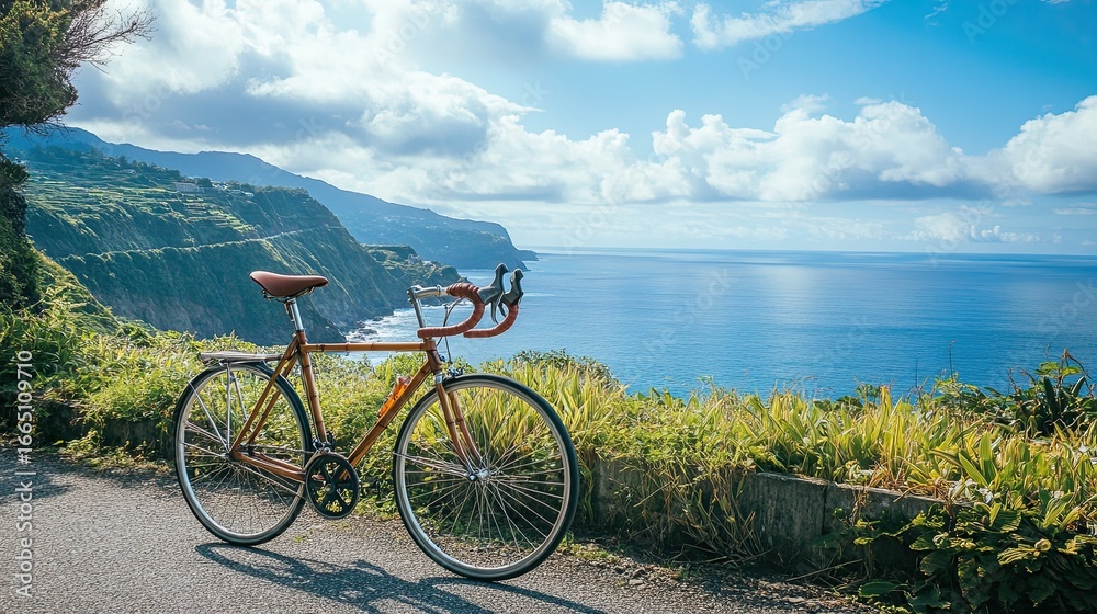 Fototapeta premium Vintage bicycle on scenic coastal road offering breathtaking ocean views and tranquility perfect