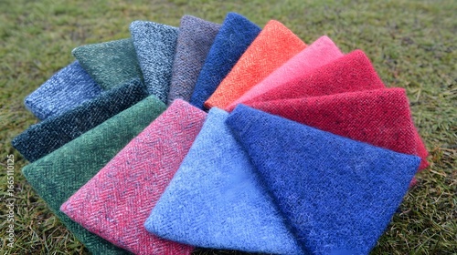 Vibrant Wool Fabric Swatches Color Palette, Herringbone Texture Samples