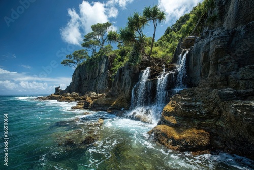 Ocean waterfall cascading down cliffside, tropical island background, travel brochure