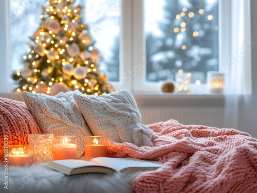 Cozy Christmas Bedroom Scene with Knitted Pillows and Blanket