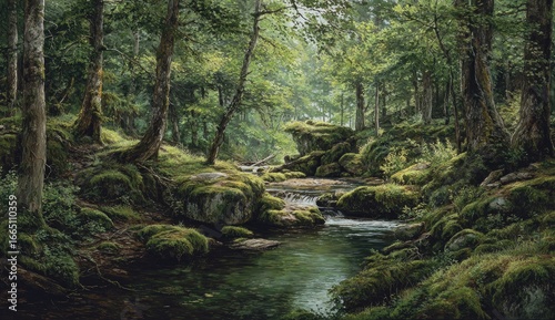 Serene forest stream flows through mossy rocks and lush green trees, sunlight filtering through the canopy