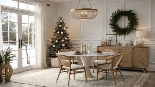 Bohemian USA Dining Room with Festive Beige, Blush, and Gold Holiday Decor