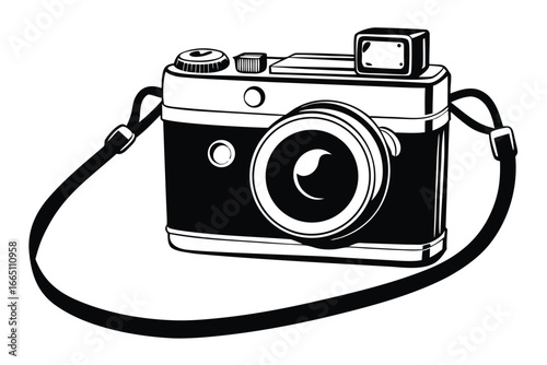 Vintage Style Camera with Strap on White Background Equipment
