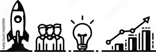 Business startup growth concept with rocket, team, lightbulb, and bar graph icons symbolizing innovation and progress