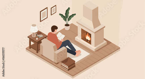 Man reads in living room by fire, isometric vector illustration for advertisement