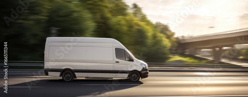The White Delivery Van Driving Fast on Urban Highway at Sunset