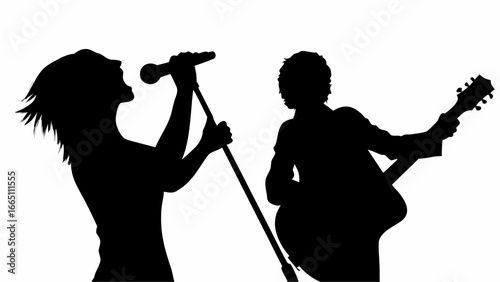 Silhouette of female singer with microphone and male guitarist performing together on stage live music show | editable eps vectors