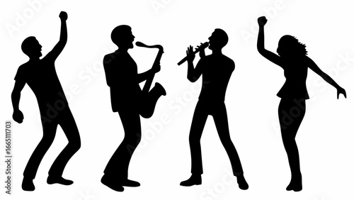Silhouette of a band performing with saxophone singer and dancer in black against a white background | editable eps vectors