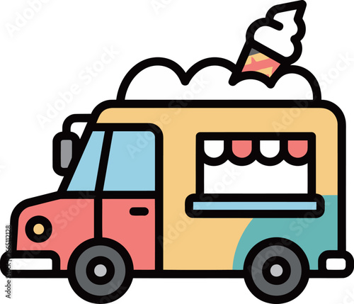 A delightful and simple cartoon illustration of a colorful ice cream truck with a giant ice cream cone on top.