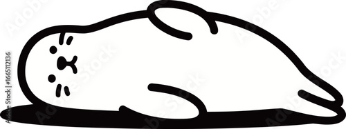 A simple black and white line art illustration of a lazy seal or sea lion lying down, perfect for animal lovers.