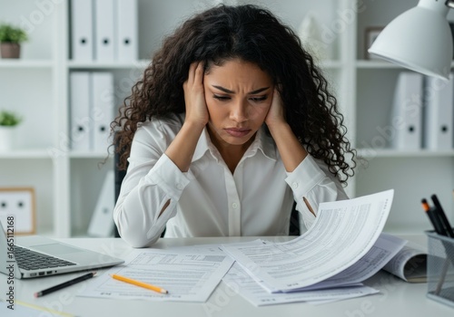 Stressed woman staring down in despair at bright office desk with tax forms