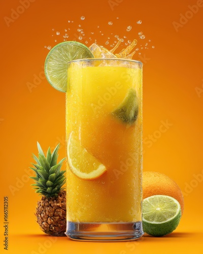 Tropical fruit juice splash in tall glass, orange background, advertisement