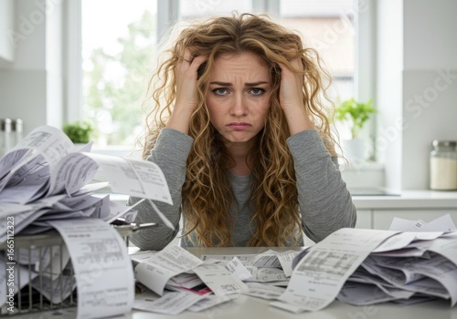 Stressed woman pulling hair surrounded by receipts and invoices at kitchen counter