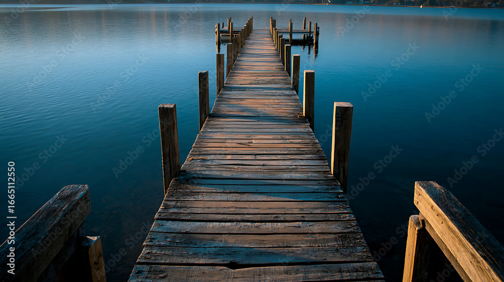 Fototapeta premium Serene wooden dock stretching over calm lake waters at sunrise near a tranquil shoreline