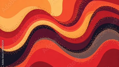 Title: Dynamic Abstract Background with Warm Tone Wavy Layers and Dotted Accents - Red Orange Yellow Flowing Pattern