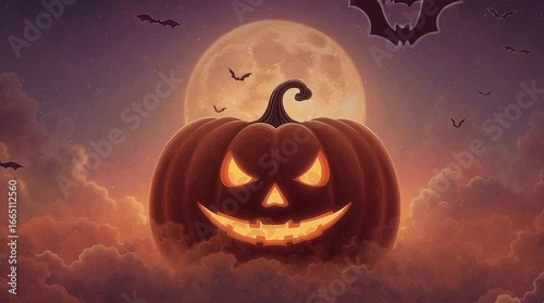 Citrouille d’Halloween lumineuse avec visage sculpté et pleine lune