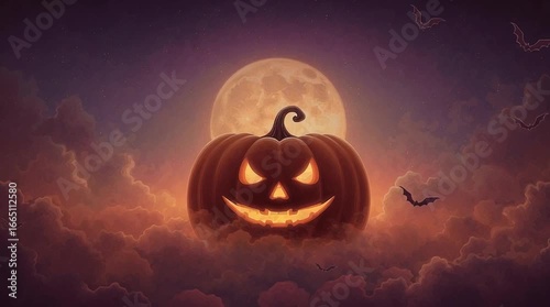 Citrouille d’Halloween lumineuse avec visage sculpté et pleine lune