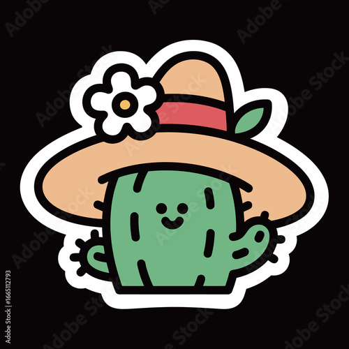 A cute cartoon sticker of a smiling cactus wearing a straw hat with a daisy flower, with a white outline.