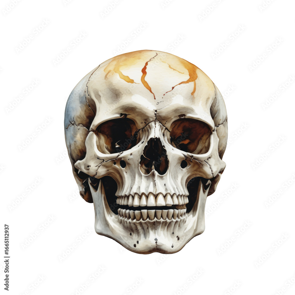 Obraz premium Realistic Human Skull With Visible Sutures And Dark Eye Sockets Against A Transparent Background