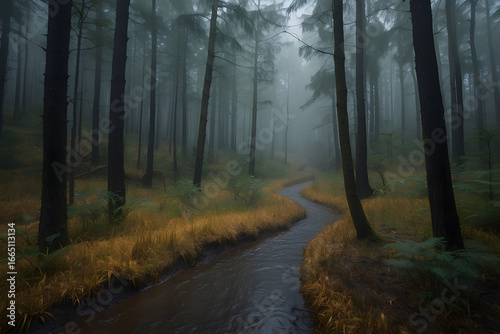 Landscape of a dark forest in the middle of Dark river fog coniferous trees