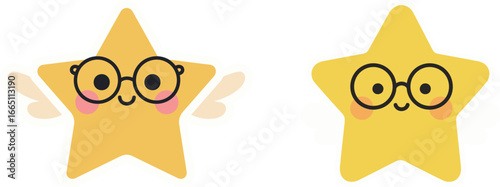 A pair of cute cartoon illustrations of a happy yellow star wearing glasses, one with small wings and one without.