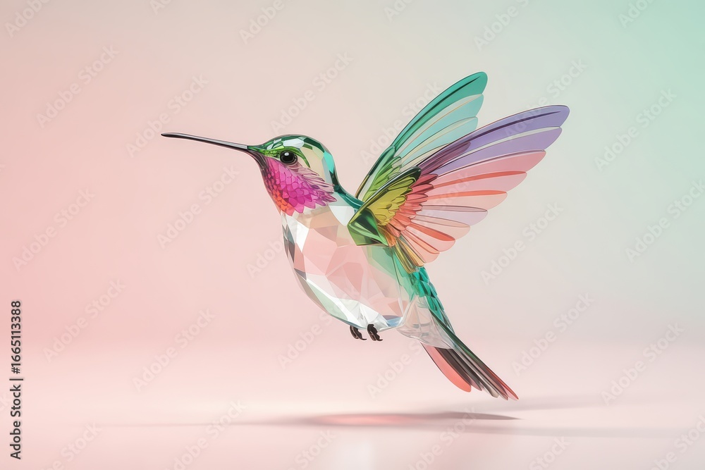 Fototapeta premium Geometric Faceted Crystal Hummingbird Figurine Hovering Mid Air Colorful Low Poly Bird Sculpture Pink Green Purple Glass Art 3D Render