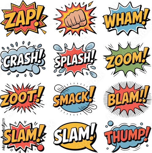 Dynamic Comic Book Sound Effects Collection Bold Pop Art Style for Graphic Novel Design Elements