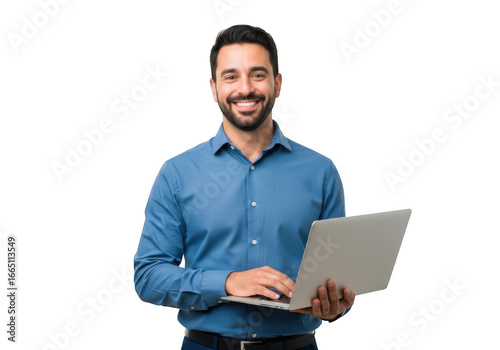Smiling man holding laptop isolated on transparent background