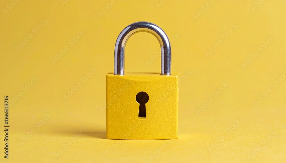 Naklejka premium Yellow padlock with black keyhole on solid yellow background in minimal security concept