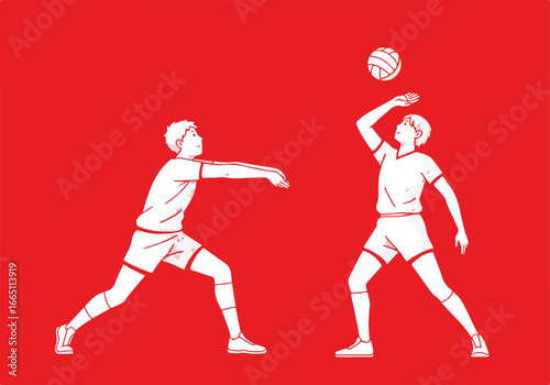 Teammates playing volleyball on a solid surface passing and setting the ball
