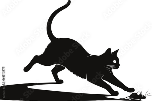 A stylized black and white illustration of a cat pouncing on a mouse, a dynamic and classic scene in a minimalist style.