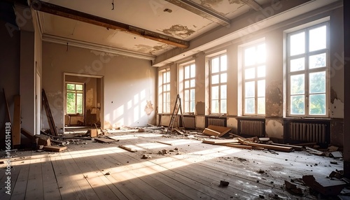 Sunlit Abandoned Room with Debris and Exposed Wooden Floor