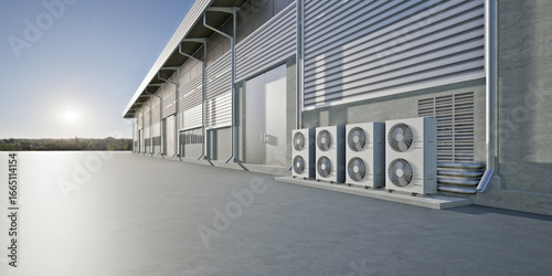3d rendering of condenser unit outside industrial building. Concrete floor and sunset sky background. Part of cooling system for building. Air conditioning HVAC system technology.
