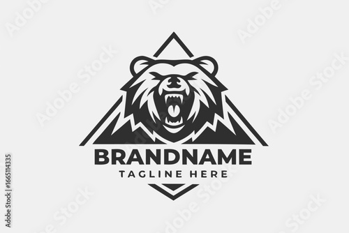 Roaring Bear Head with Mountain in Triangle on White Background