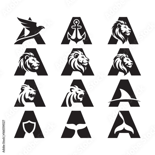 Variety of black and white logos with different animal nautical and security themes and the letter A