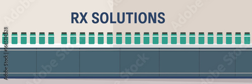 A row of green containers with black lids on a gray surface under the words rx solutions in dark blue text