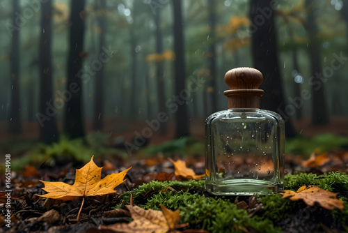 Glass bottle for cosmetic or perfume products in autumn forest among fallen leaves 