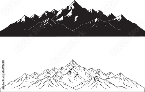 Winter nature vector illustration with snowy mountain peaks and a panoramic glacier landscape