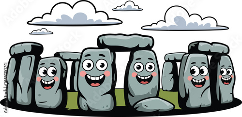 Stonehenge Cartoon with Googly Eyes and Smiling Stone Characters Illustration Design