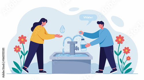 People Collecting Fresh Water from a Public Fountain Illustration