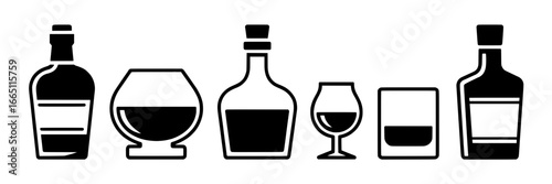 Six Black and White Alcohol Bottle and Glass Icons: Liquor, Whiskey, Brandy, and Cognac