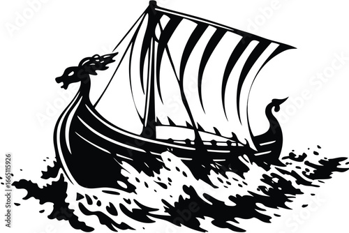 Viking Drakkar Boat Silhouette with Dragon Head on White Background