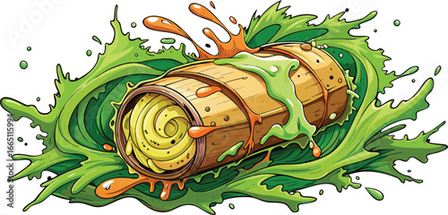 Vibrant burrito wrap vector with lettuce and sauce splash, perfect for food design, Mexican cuisine themes, menus, and restaurant branding.
