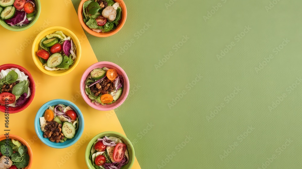 Fototapeta premium Assortment Of Healthy Salad Bowls Top Down Flat Lay On Split Yellow Green Background With Copy Space Mixed Greens Vegetables Grains Healthy Lunch Options