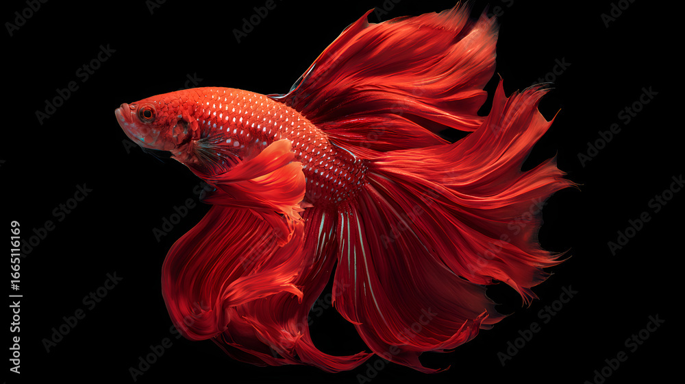 Fototapeta premium Red betta fish flaunting its flowing fins on black background