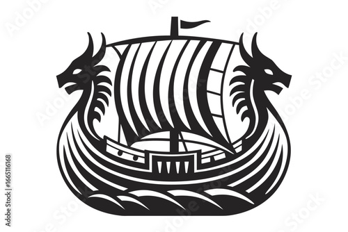 Viking Drakkar Boat with Dragon Heads, Black and White Nautical on White