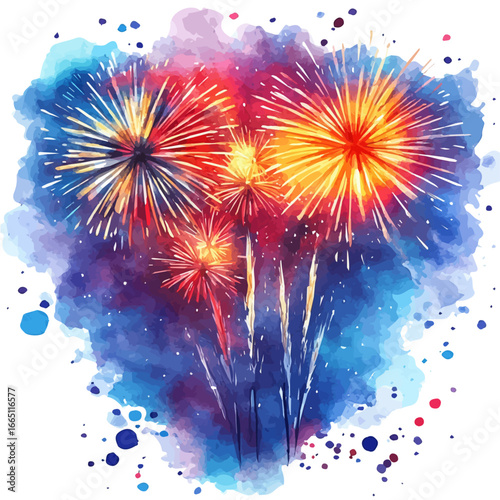 Fireworks Summer Celebration Night, watercolor painting vector, isolated on a white background.